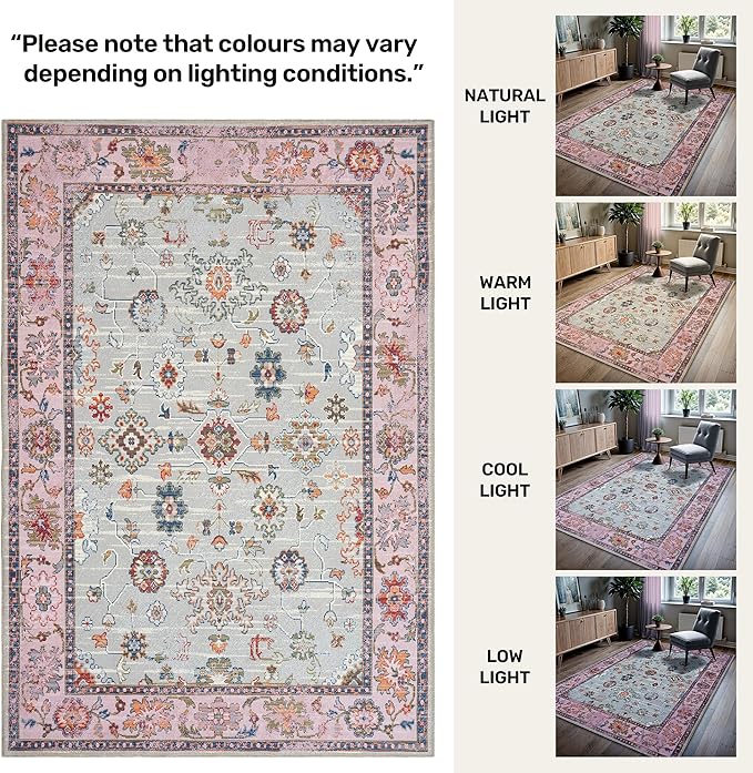 GLN Rugs Traditional Collection - Machine Washable Area Rug, Traditional Washable, Non Slip, Low Pile Chenille Rug, Living Room, Bedroom, Kitchen Rug (2'6" x 10' Pink/Blue/Multicolor)