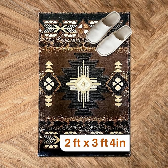 YHSF South West Native American Area Rug C318 - Easy Clean, Thick, Soft, Durable Native Tribal American Indian Inspired Rug for Bedroom/Living Room and more - Chocolate Brown, 2 Feet x 3 Feet 4 Inches