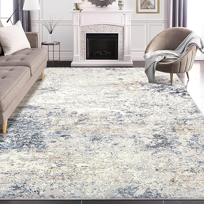 Area Rug Living Room Rugs - 9x12 Abstract Large Soft Indoor Washable Rug Neutral Modern Low Pile Carpet for Bedroom Dining Room Farmhouse Home Office - Beige Blue