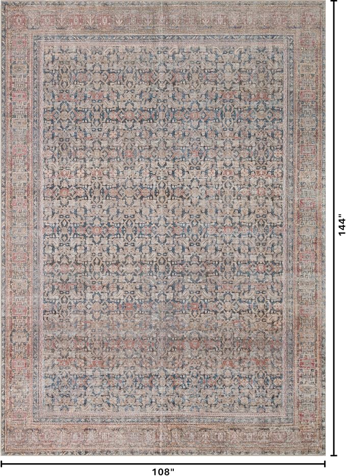 Kuden 9x12 Large Area Rug, Machine Washable Area Rug with Non-Slip Backing, Vintage Style, Soft, Easy Clean, Low Pile Rug for Living Room, Bedroom, Dining Room