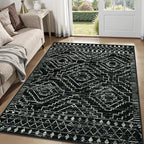 Wonnitar Moroccan Washable Area Rug 5x7, Black Large Rug for Living Room, Non-Slip Boho Bedroom Throw Mat, Low Pile Stain Resistant Geometric Floor Carpet for Dining Table Kitchen Dorm (Black,5'x7')
