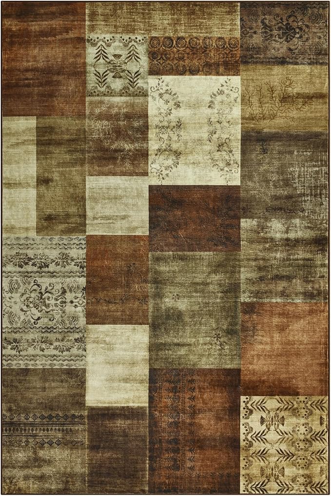 Tepook Modern Area Rug for Living Room, 6x9 Geometric Large Rugs for Bedroom, Washable Patchwork Rug Indoor Non-Slip Throw Carpets for Dining Room Office Farmhouse Home Decor, Brown