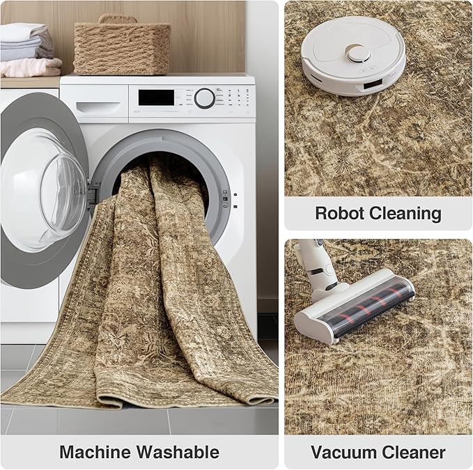 FMFUNCTEX 3ft Round Washable Area Rug Brown Vintage Neutral Distressed Small Non Slip Carpet for Living Room Bedroom Soft Low Pile Indoor Mat Retro Floral Throw Rug for Entryway Bathroom Bedside