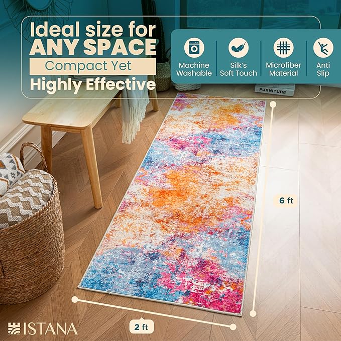 Istana Hallway Runner Rug 2x6 - Galaxy Kitchen Rugs Non Slip Washable -Silk's Soft Touch Carpet Runner - Stylish Rug for Home