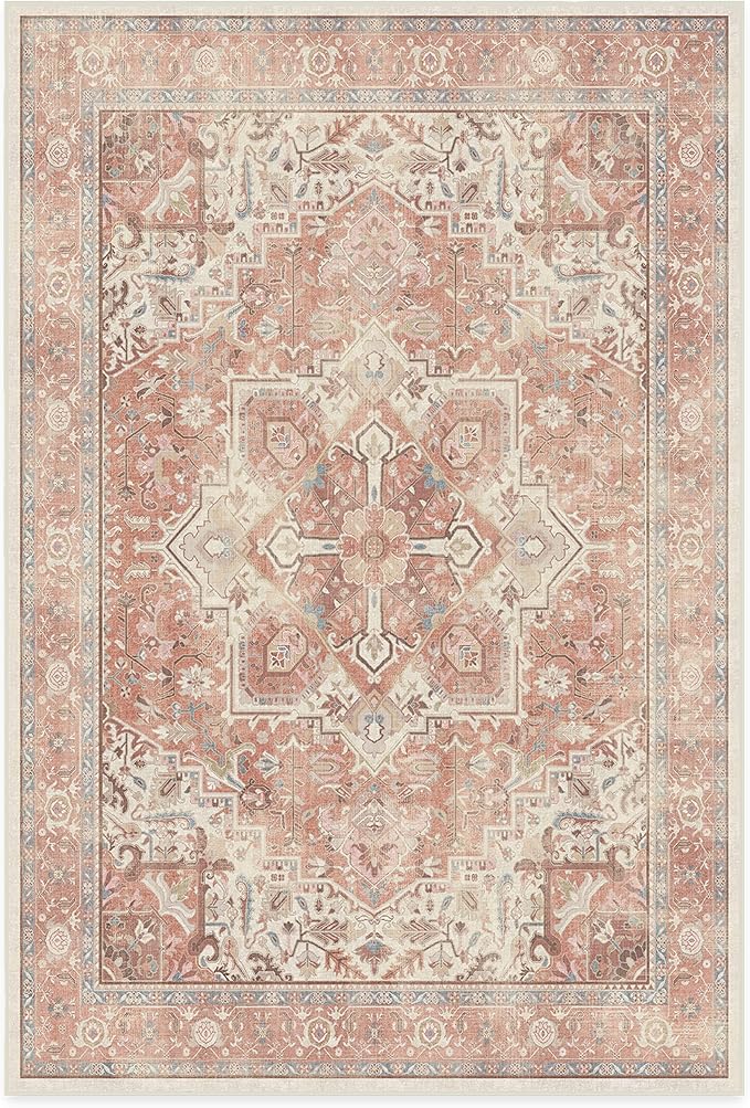 RUGGABLE Washable Area Rug – Kamran Rose Pink 6x9, Stain-Resistant, Non-Slip – Medium Machine Washable Rugs for Living Room, Bedroom, Hallway, Entryway & Office–with Standard Pad