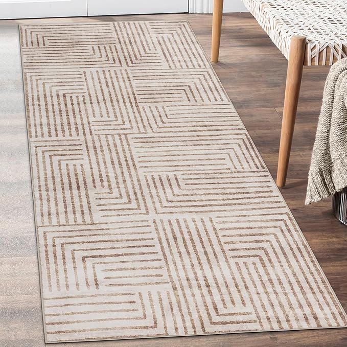 ReaLife Rugs Machine Washable Area Rug Runner - Living Room Bedroom Bathroom Kitchen Entryway Office - Non-Slip Baking Low Pile Stain Resistant Premium - Modern Geometric - Finn - Beige 2'6" x 6'