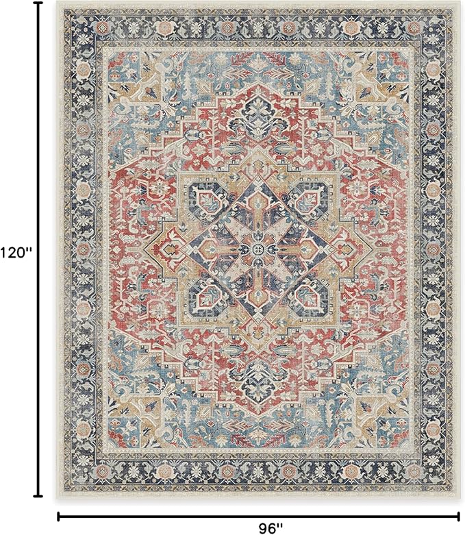 RUGGABLE Washable Vintage Area Rug – Kamran Cayenne Red 8x10, Stain-Resistant, Non-Slip – Large Machine Washable Rugs for Living Room, Bedroom, Hallway, Entryway & Office–with Cushioned Pad
