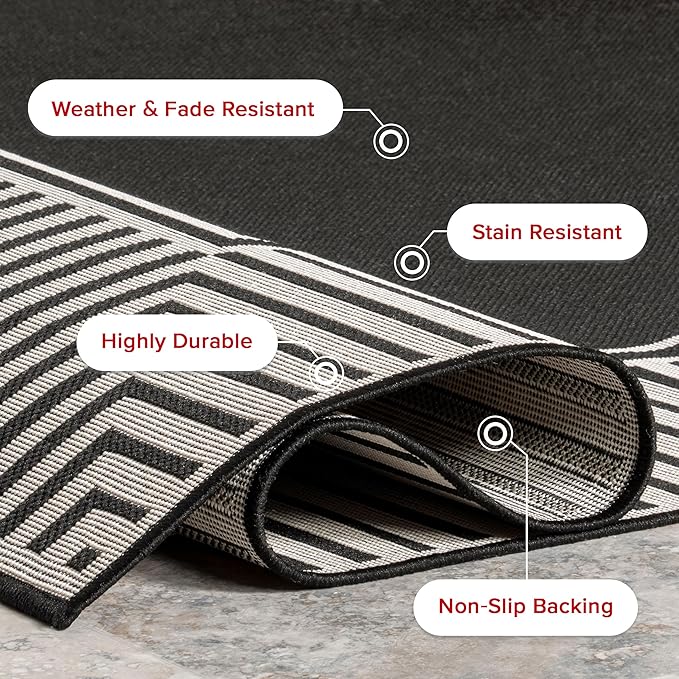Nuloom Asha Black/Ivory, 9'6" x 12', Casual, Striped Border, Soft and Cozy, High Traffic, Stain Resistant, Easy Clean, Durable Area Rug for Indoor/Outdoor Patio, Deck, Porch, Garden, Courtyard