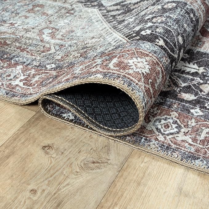 Bloom Rugs Washable Non-Slip 6' x 9' Rug - Charcoal/Brown Traditional Medallion Area Rug for Living Room, Bedroom, Dining Room, and Kitchen - Exact Size: 6' x 9'