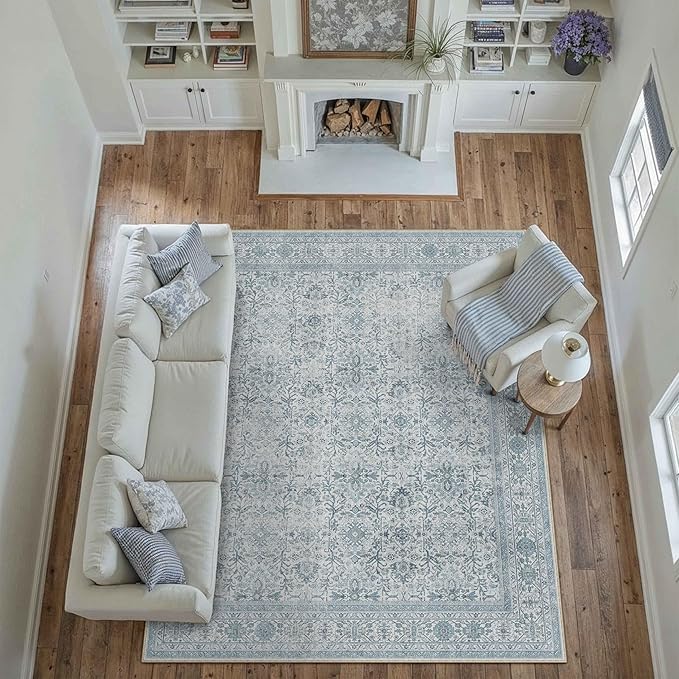 Area Rug 9x12 Blue Washable Living Room Carpet Soft Non Slip Vintage Bedroom Indoor Office Traditional Retro Distressed Large Thicker Throw Rug for Dining Room Playroom