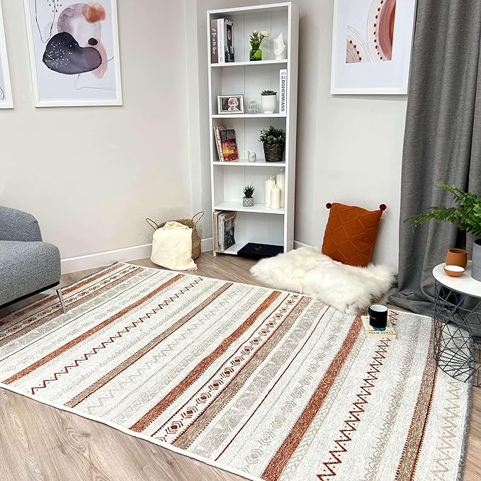 Alfa Rich 4x6 Beige Terracotta Washable Area Rugs for Living Room Bedroom Kitchen Cotton Decor Rug