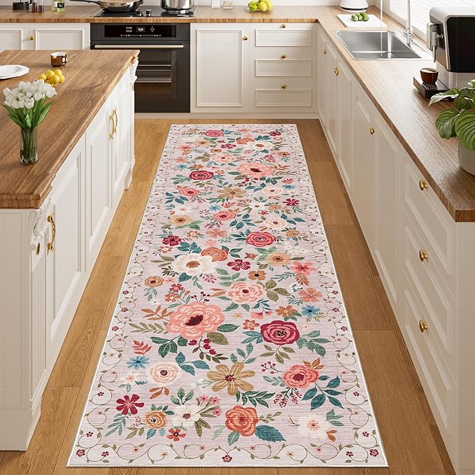 DUKINO 3x10 Runner Rug for Hallway, Washable Kitchen Floral Runner Rug with Non Slip Backing, Low Pile Soft Boho Carpet for Kitchen, Hallway, Entryway, Laundry, Bedroom, Beige