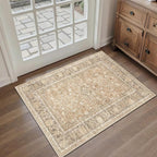 HelloTree 2x3 Entryway Rug Washable Vintage Print Door Mat Kitchen Rugs for Front Door Bedroom Living Room Entrance Small Soft Traditional Distressed Carpet Folable for Room Bedside-Khaki