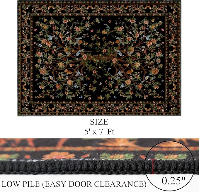 Black Rug for Living Room 5x7 Area Rugs, Machine Washable Non-Slip Carpet, Boho Floral Low Pile Throw Rugs for Bedroom, Dining Room, Office, Nursery, Vintage Home Decor