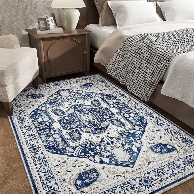 EnHomee 4x6 Area Rugs for Living Room, Boho Area Rug, Machine Soft Washable Rug for Bedroom, Living Room Rug, Non-Slip, Low-Pile, Dining Room Indoor Home Decor, Colorful Print, Blue and White
