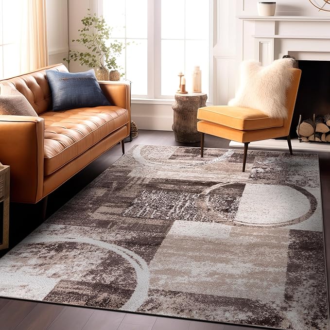 Rugshop Contemporary Abstract Circle Design Area Rug, Carpet with Jute Backing for Living Room, Bedroom, or Dining Room, Brown, 5'3" x 7'3"