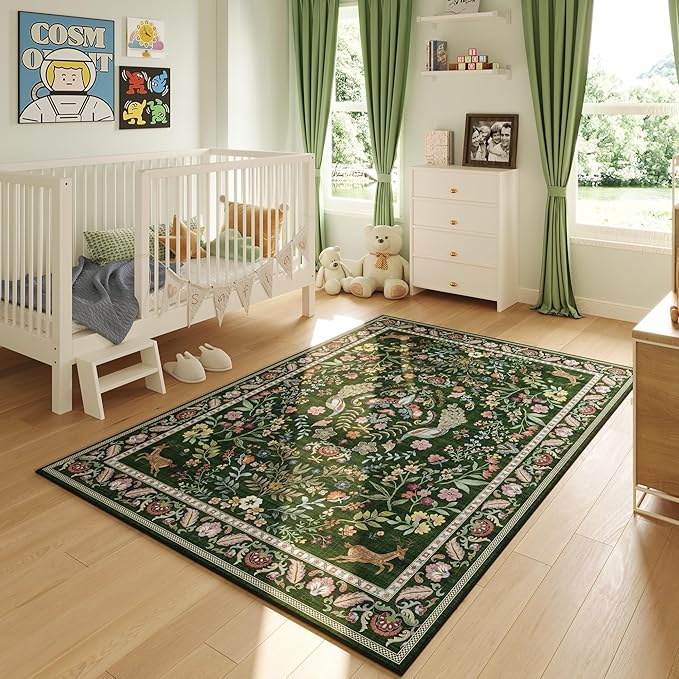 8x10 Area Rugs for Living Room Washable Rug Floral Non-Slip Large Rug for Living Room, Bedroom, Farmhouse, Dining Room, Kids Playroom (Emerald Green)