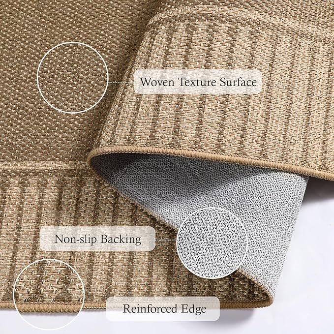 Moynesa Brown Striped Border Easy Jute Runner Rugs 2.5x8, Indoor Outdoor Washable Non Slip Runners Rug for Entryway Hallways Patio Balcony, Morden Farmhouse Carpet for Fall Winter Decor