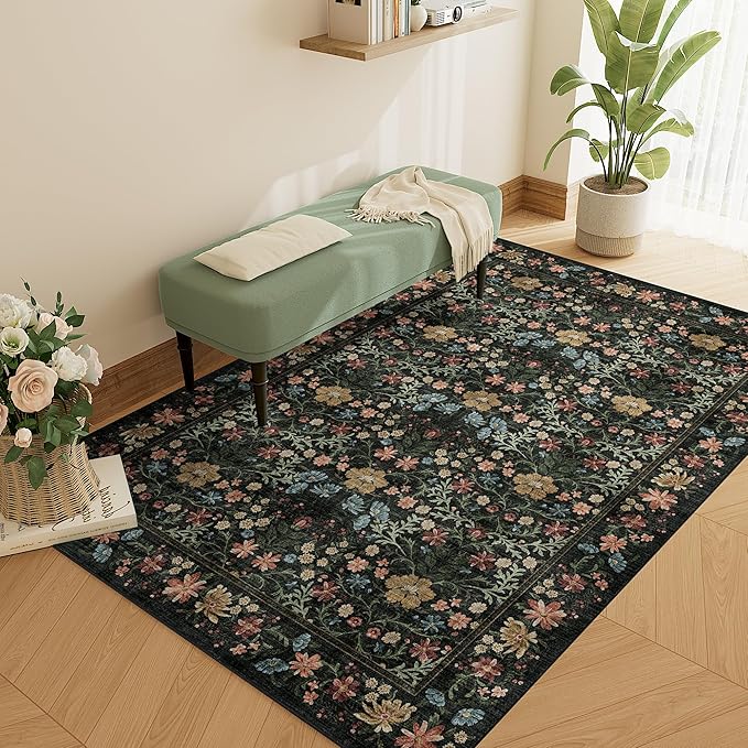 DUKINO 3x5 Area Rug, Vintage Floral Washable Rug for Bedroom with Non Slip Design, Soft Low Pile Indoor Small Carpet for Bedroom, Farmhouse, Living Room, Office, Bathroom, Black