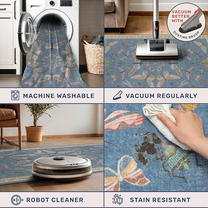 Washable Blue Rugs for Bedroom Bedside - 3x4 Area Rug for Large Kitchen, Entrance Indoor, Boho Insect Print Bug Décor, Non Slip Low Pile Fade Resistant