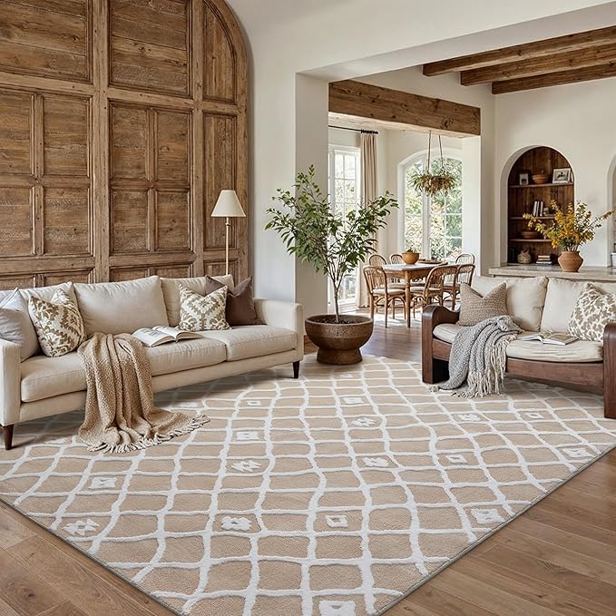 Beige 6x9 Area Rug Moroccan Shag Living Room Washable Carpet Soft Non Shedding Neutral Boho Plush Pile Modern Large Throw Rug for Office Bedroom Dining Room Playroom