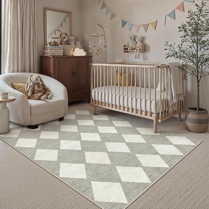 3x5 Checkered Area Rug Grey Machine Washable Small Rug Non-Slip Stain Resistant Low Pile Boho Accent Indoor Throw Carpet for Entryway Office Bedroom Dining Living Room