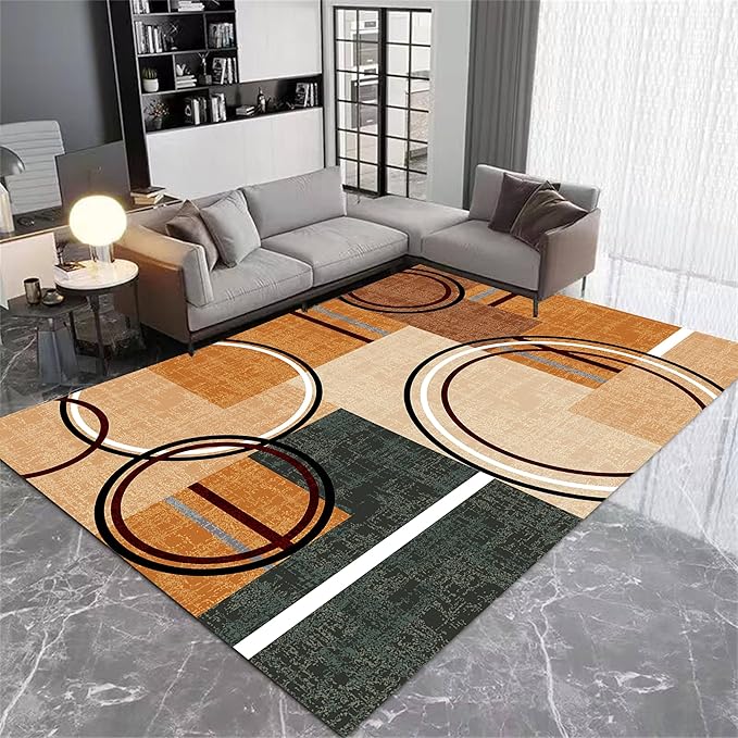 Modern Wavy Circles Area Rug 7x9ft, Geometric Design Low Pile Carpet, Soft & Non-Slip Washable Mat for Living Room, Bedroom, Dining Room