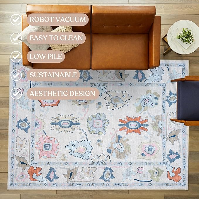 Fame Living Cream Oushak Rug, Modern, Vintage, Turkish, Eclectic, Floral, Pastel, Washable, Large Area Rugs for Living Room, Dining, Bedroom, Girls, Boys, 7'5"x9'8"