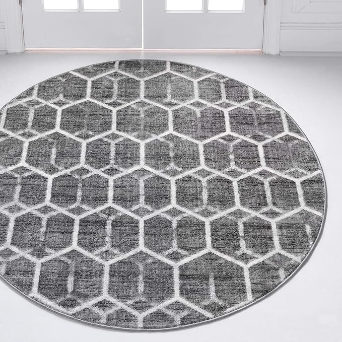 Rugs.com Lattice Trellis Collection Rug – 5 Ft Round Gray Low-Pile Rug Perfect for Kitchens, Dining Rooms