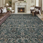 Washable Living Room Rug: 9x12 Boho Floral Soft Area Rug for Bedroom Decor - Vintage Low Pile Thin Carpet for Dining Room Non-Slip - Farmhouse Stain Resistant Rugs - Dark Green