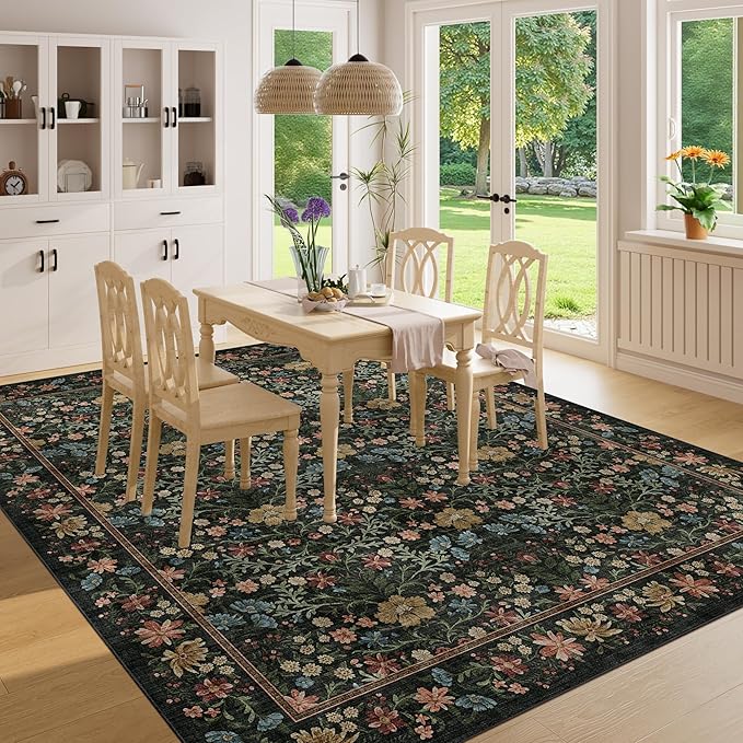 DUKINO 8x10 Area Rugs for Living Room, Vintage Floral Washable Rug with Non Slip Backing, Soft Low Pile & Non-Shedding Large Carpets for Bedroom, Farmhouse, Dining Room, Home Office, Black