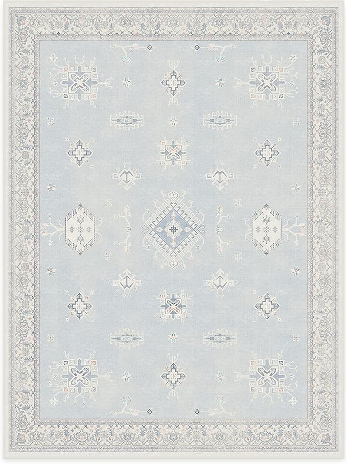 RUGGABLE Washable Vintage Area Rug – Verena Soft Blue 9x12, Stain-Resistant, Non-Slip – Large Machine Washable Rugs for Living Room, Bedroom, Hallway, Entryway & Office–with Standard Pad