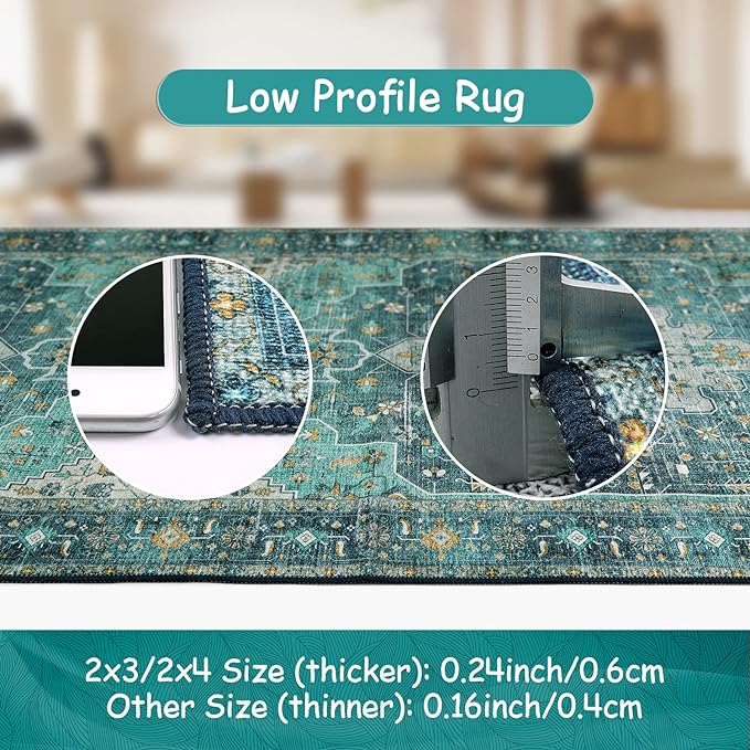 Moynesa Ultra-Thin Washable Area Rug - 4x6 Teal Living Room Rug Oriental Rugs for Bedroom, Non Slip Non Shedding Low Pile Entryway Carpet for Bedroom Dressing Room Office
