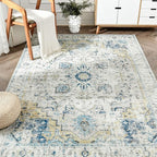 jinchan Kelda Area Rug 6x9 Washable Living Room Rug Vintage Indoor Large Floor Cover Distressed Lightweight Non-Slip Low Pile Thin Mat Accent Stain Resistant Carpet for Bedroom Office Light Blue