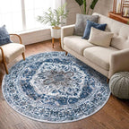 KOZYFLY Round Rug 6 Ft Rugs for Entryway Washable Circle Rug Non Slip Round Living Room Rugs Printed Faux Wool Vintage Round Dining Room Floor Carpet for Living Room, Entryway, Bedroom, Blue