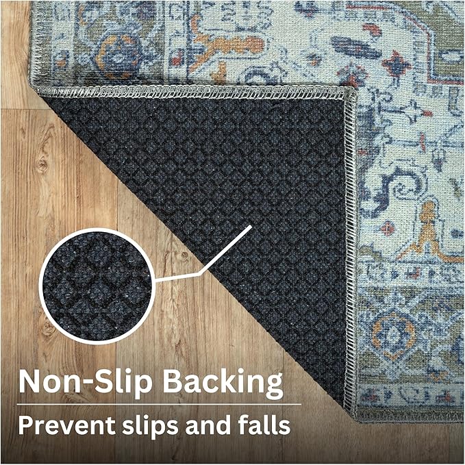 Bloom Rugs Washable Non-Slip 8' x 10' Rug - Green/Blue Traditional Medallion Area Rug for Living Room, Bedroom, Dining Room, and Kitchen - Exact Size: 8' x 10'