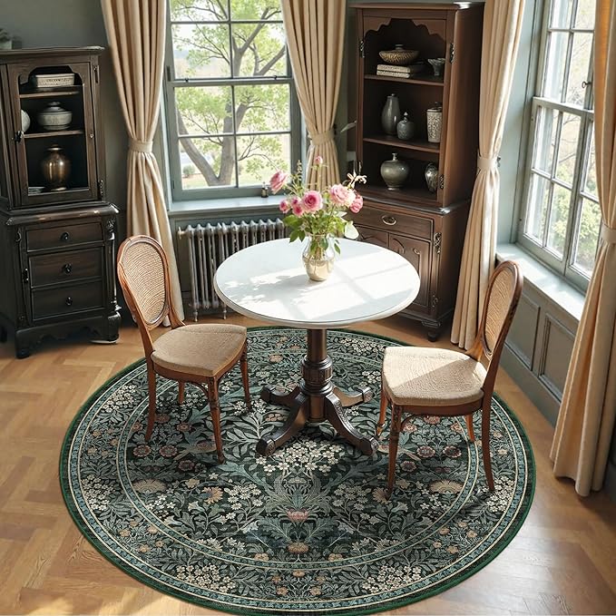 4ft Round Area Rugs for Living Room, Washable Floral Circle Rug Non Slip Low Pile, Vintage Boho Botanical Birds Throw Carpet for Farmhouse, Bedroom, Dining Room, Retro Green/Blue