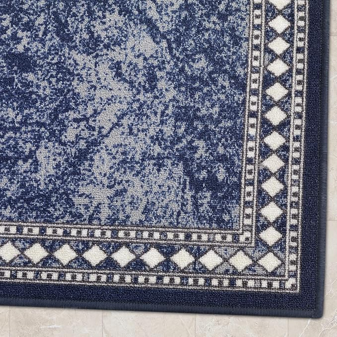 Antep Rugs Alfombras Modern Bordered 2x10 Non-Skid (Non-Slip) Low Profile Pile Rubber Backing Indoor Area Runner Rugs (Navy Blue, 2' x 10')