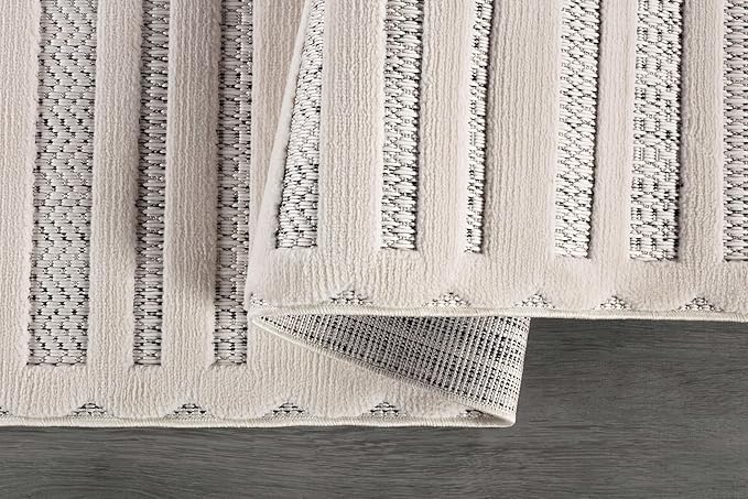 CAMILSON Modern Rug 6x9 Luxury Striped Line Micro Loop Area Rugs Soft High-Low Pile Stain Resistant Easy to Clean Non-Shedding Durable Living Room Bedroom Indoor Carpet (White)