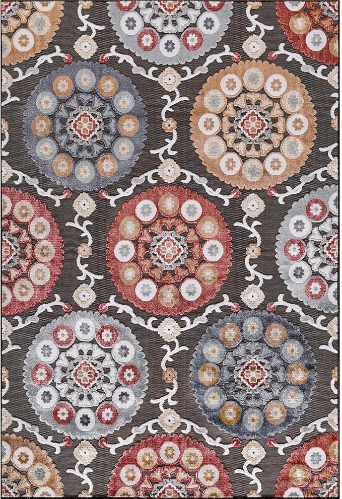 CAMILSON Indoor Outdoor Rug 5x7 Bohemian Medallion Floral Area Rugs for Indoor and Outdoor Patios Easy-Cleaning Non-Shedding Living Room Garden and Kitchen Washable Outside Carpet (5 x 7 / Brown)