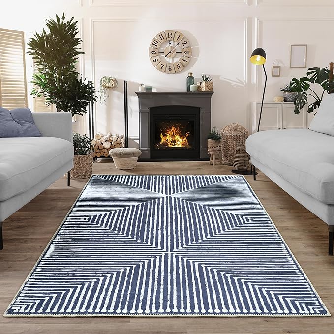 Bloom Rugs Washable Non-Slip 3' x 5' Rug - Blue Striped Area Rug for Living Room, Bedroom, Dining Room, and Kitchen - Exact Size: 3' x 5'
