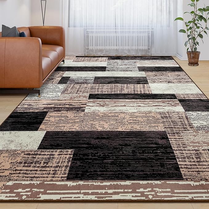Large Area Rugs,Modern Geometric Patchwork Floor Decor for Bedroom Aesthetic Carpet, Rockwood Collection, Indoor Rugs for Living Room Dining Room Nursery Office Machine Washable Rug, 8x10 Ft Chocolate