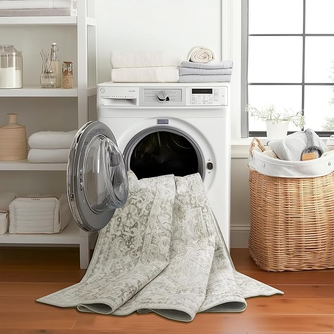 ReaLife Rugs Machine Washable Area Rug - Living Room Bedroom Bathroom Kitchen Entryway Office - Padded Low Pile Stain Resistant Premium - Boho Farmhouse Vintage - Lyle - Beige Ivory 4' Round
