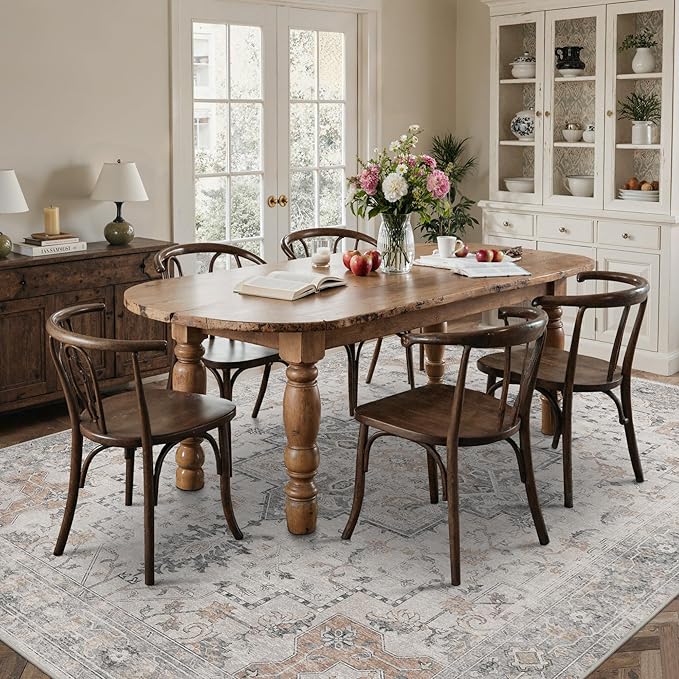 9x12 Area Rugs for Living Room, Non Slip Machine Washable Vintage Rugs, Low Pile Lightweight Print Large Rug for Bedroom, Dining Room, Home Office, Light Taupe Brown