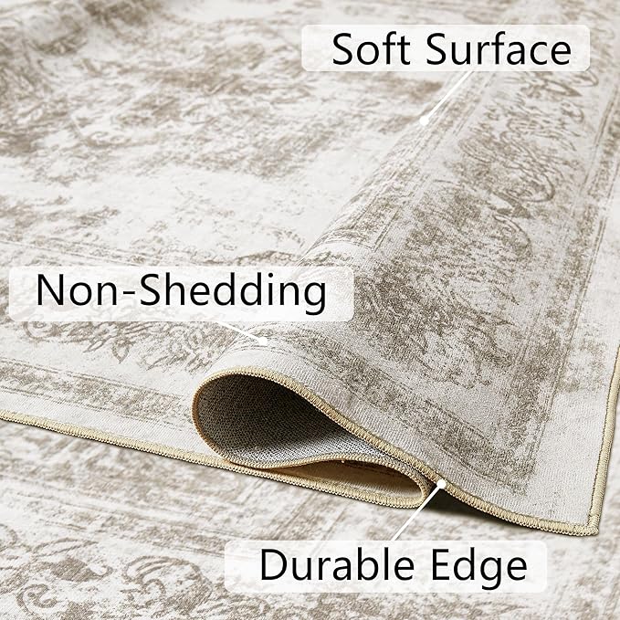 Area Rug 9x12 Beige Washable Living Room Carpet Non Slip Vintage Medallion Indoor Bedroom Carpet Low Pile Soft Retro Distressed Large Rug Home Office Dining Room Playroom