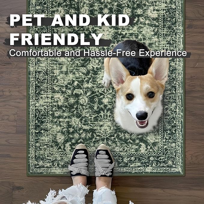 KILOCOCO Hallway Runner 2x6 Rug Runner Printed Vintage Floral Washable Kitchen Runners Non-Slip Rubber Backed Runners for Hallways Laundry Room Distressed Boho Rugs for Entryway Bedroom, Green