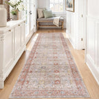 Kuden 2'6"x10 Runner Rug, Machine Washable Area Rug with Non-Slip Backing, Vintage Style, Soft, Easy Clean, Low Pile Rug for Hallway, Entryway, Kitchen, Bedroom