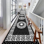 Modern Black White Geometric Kitchen Rug, 2x10ft, Greek Key Meander Design Entrance Rugs, Easy Clean Low Pile Washable Carpet, Soft Foldable No Crease Carpets for Porch Family