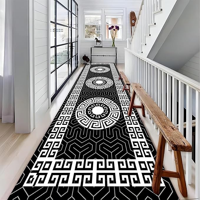 Modern Black White Geometric Kitchen Rug, 1.3x7ft, Greek Key Meander Design Entrance Rugs, Easy Clean Low Pile Washable Carpet, Soft Foldable No Crease Carpets for Porch Family