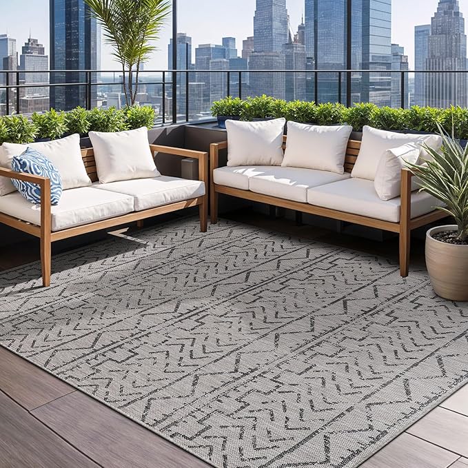 Beverly Rug Waikiki Indoor Outdoor Rug 5x7, Washable Outside Carpet for Patio, Deck, Porch, Trellis Area Rug, Water Resistant, Dark Grey - Light Grey